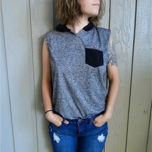 Black and Grey Sleeveless Hooded Shirt